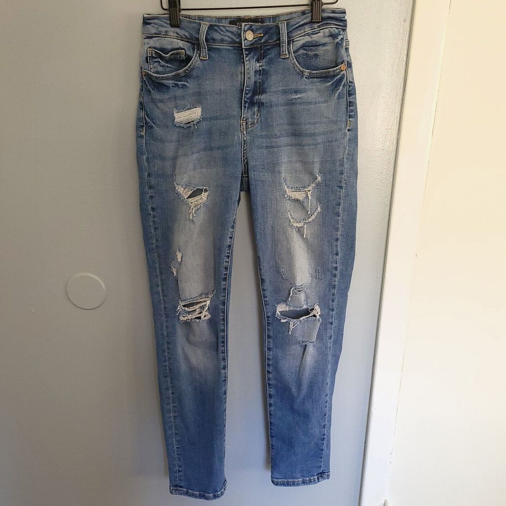 JUDY BLUE Women's Blue Denim Boyfriend Fit High Waist Distressed Stretch Sz 7/28